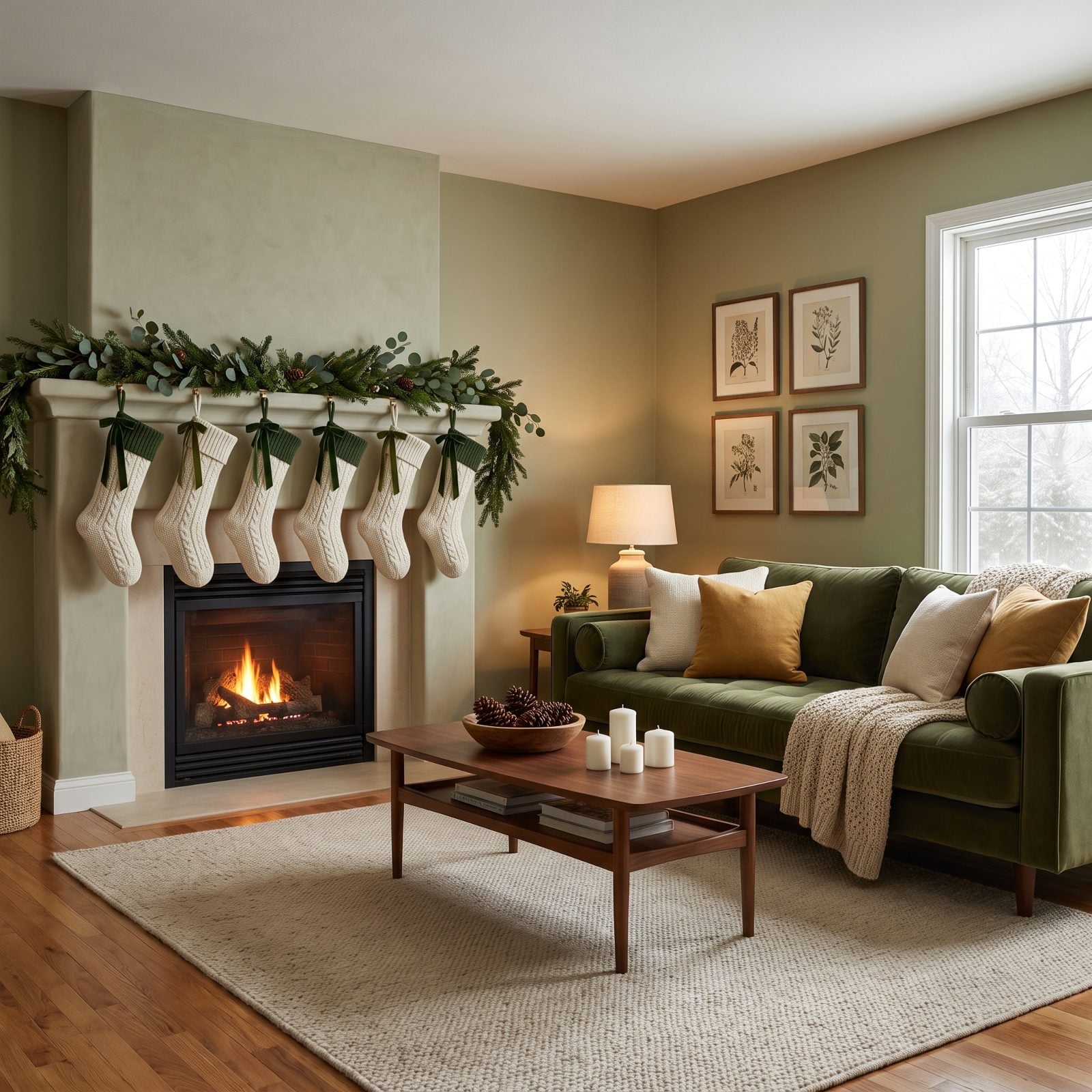 A Family Room With Matching Stockings as the Main Seasonal Cue