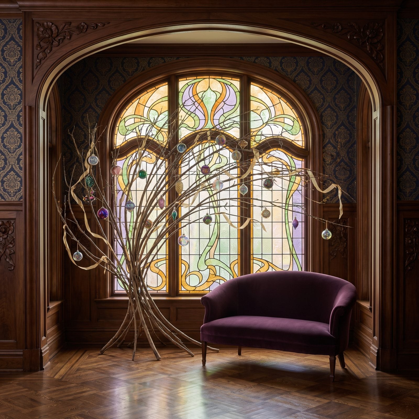 A Fan-Shaped Branch Tree Echoing an Art Nouveau Window