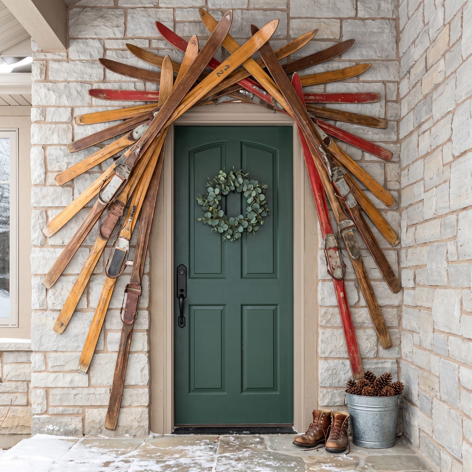 A Fan of Vintage Wooden Skis Around the Doorframe