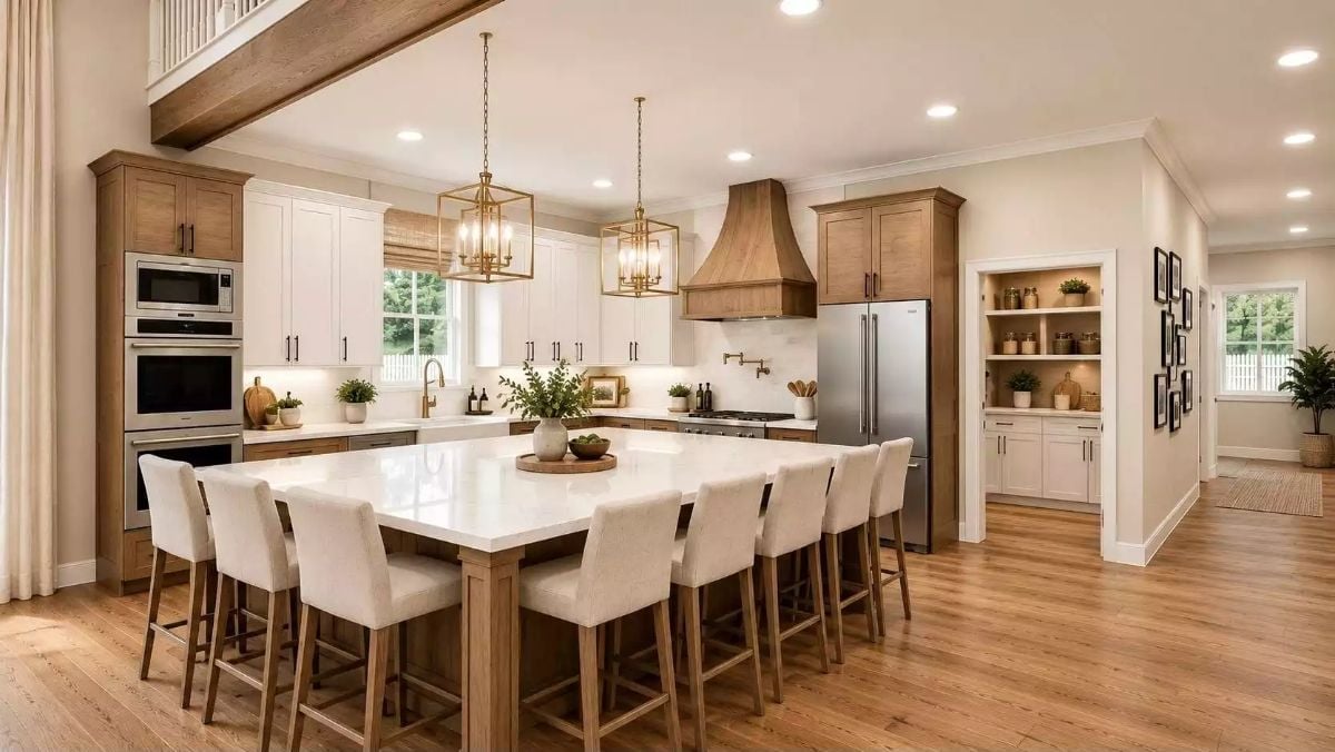 Brass Pendants, a Wood Range Hood, and Enough Island Seating to End the Kids' Table Forever