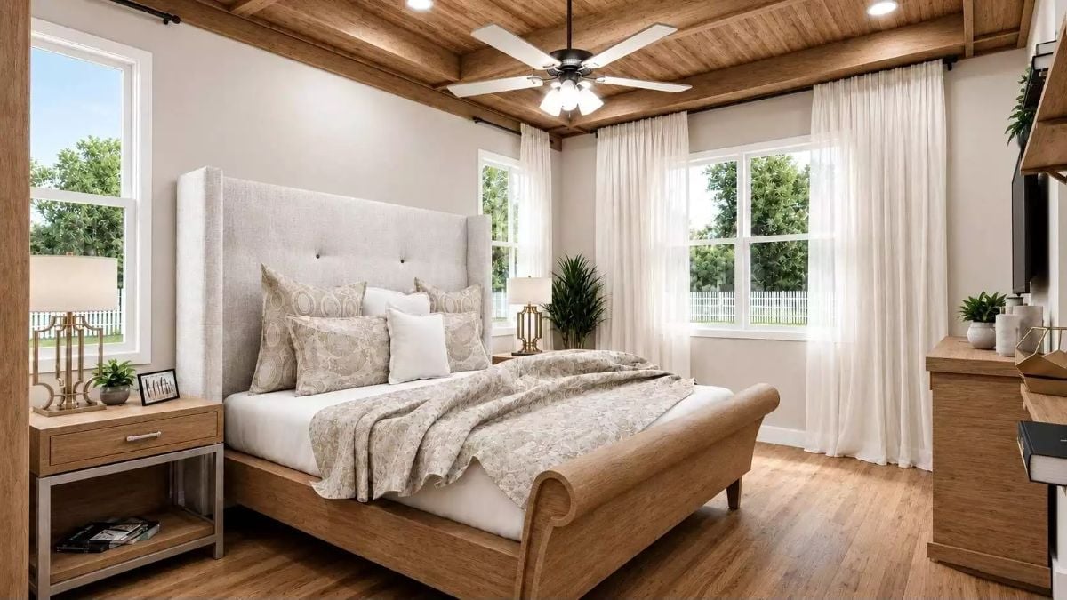 Coffered Wood Ceiling, a Sleigh Bed Frame, and Light That Earns Its Keep