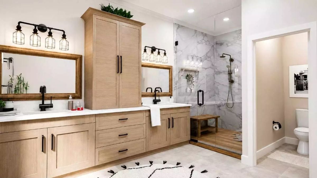 Matte Black Hardware, Marble Tile, and a Shower Bench Worth Sitting In