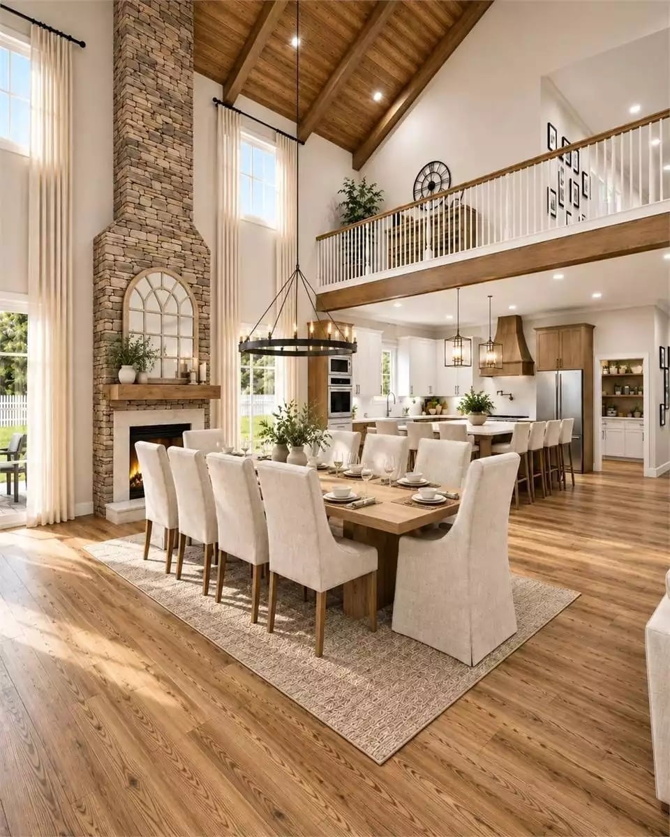 Soaring Stone, Warm Wood Beams, and a Dining Table Built for Staying Awhile