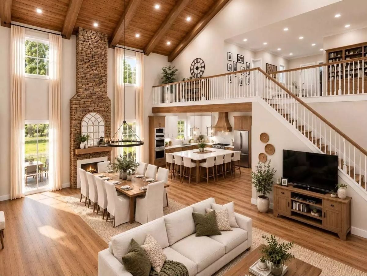 Stone Fireplace, Soaring Beams, and a Table That Seats the Whole Family