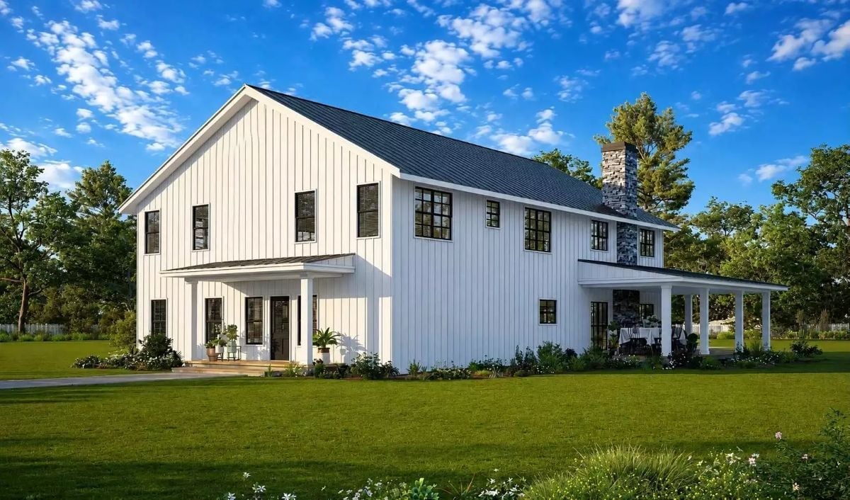 White Board-and-Batten, Black Windows, and a Porch That Means Business