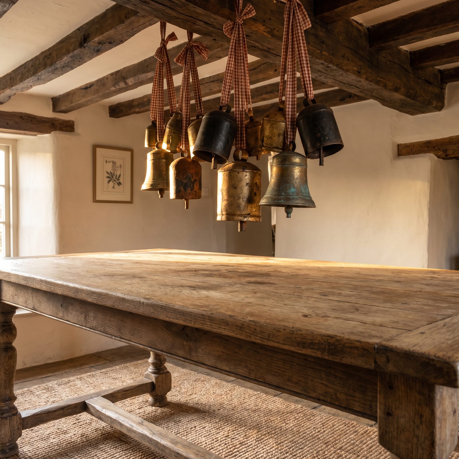 A Farmhouse Dining Room With Bells Hanging From Old Beams