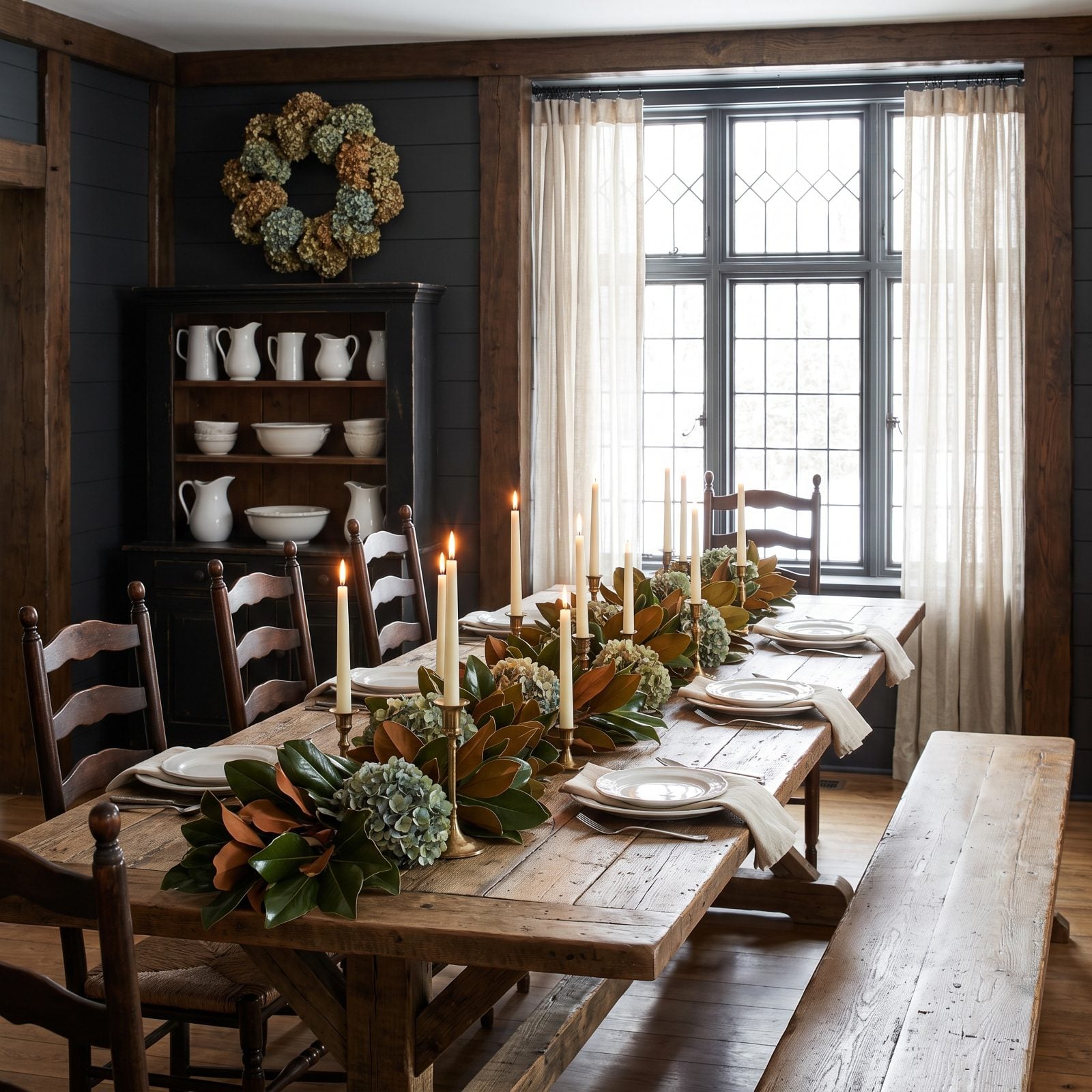 A Farmhouse Dining Room With Dried Hydrangeas and Magnolia Leaves