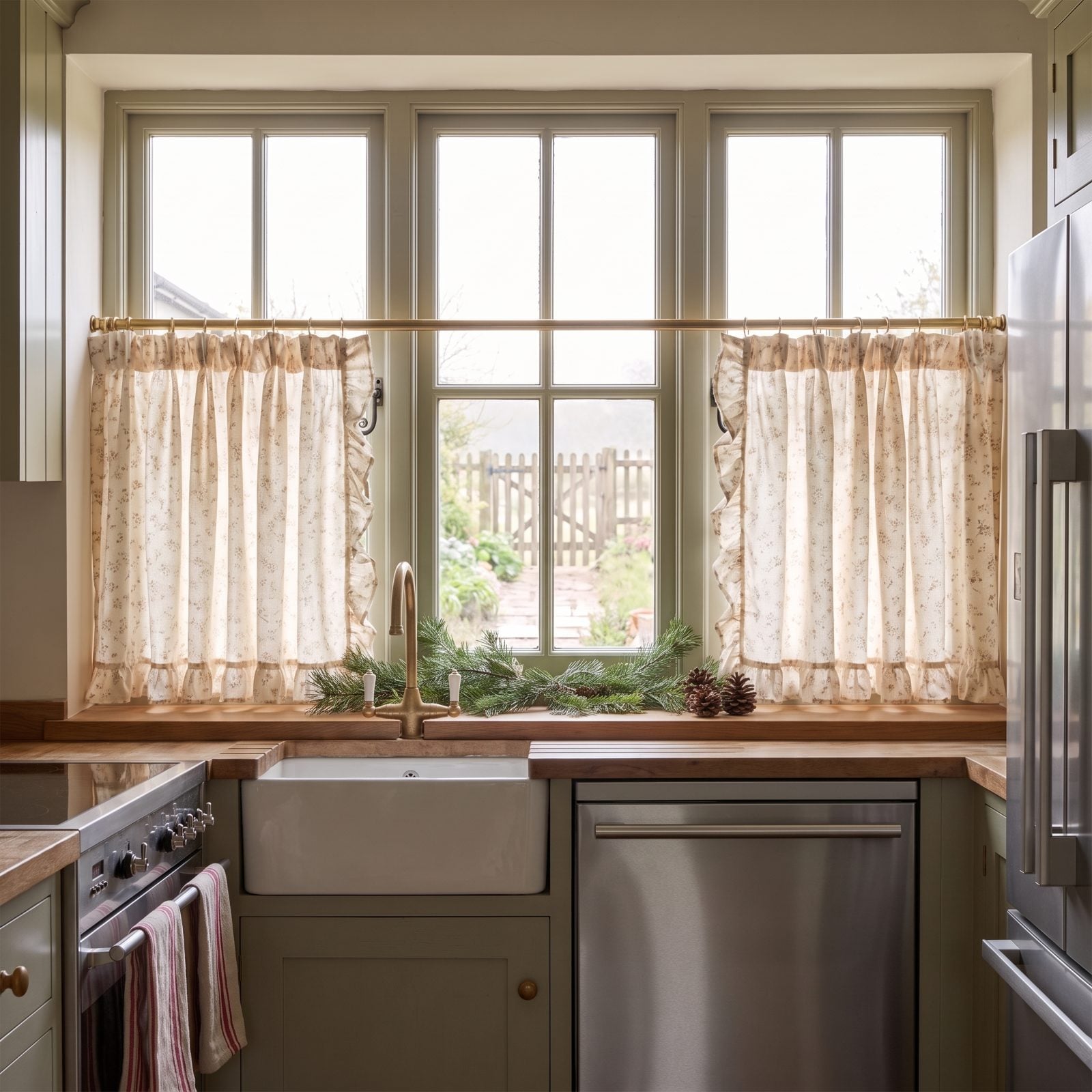 A Farmhouse Kitchen Framed by Ruffled Café Curtains