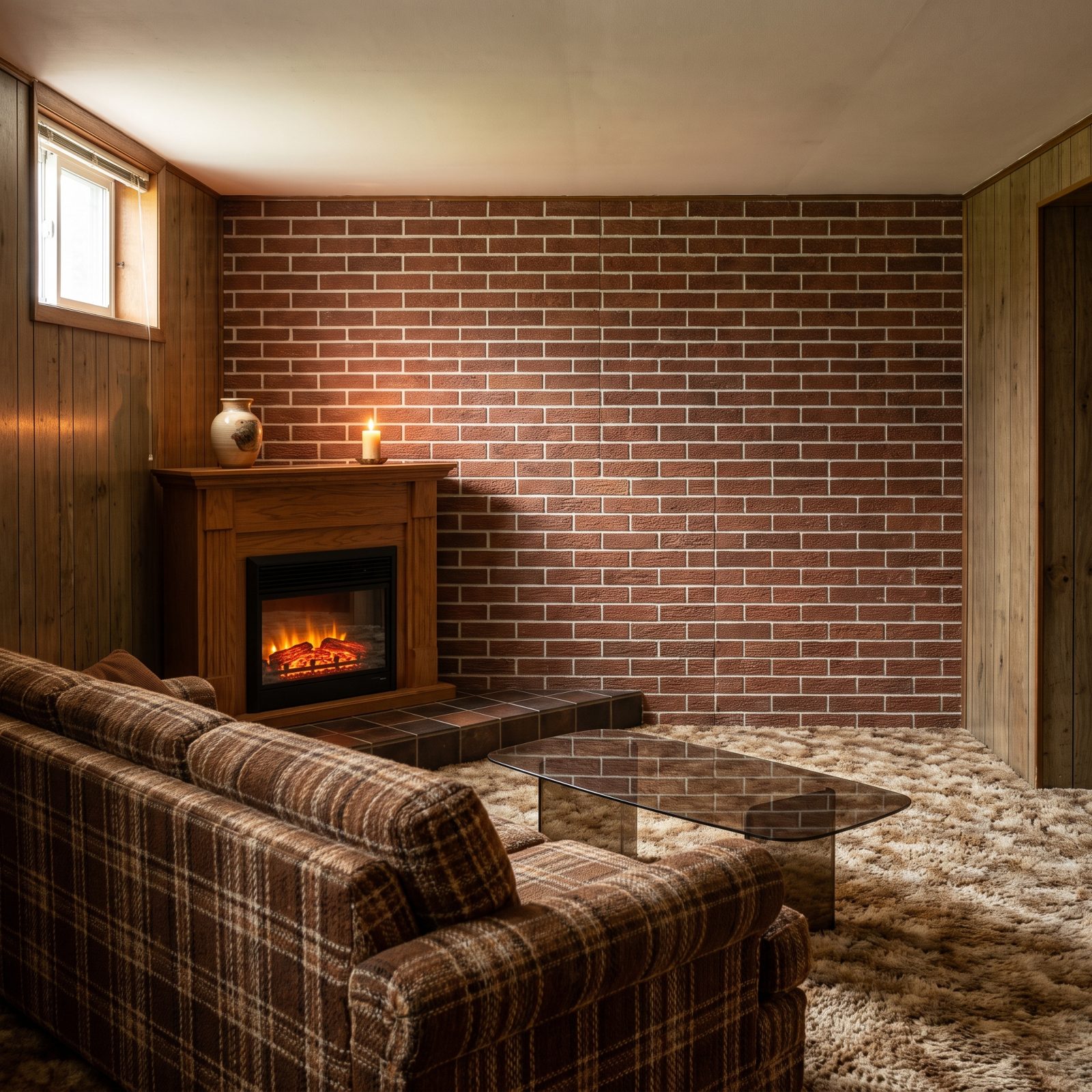 The Faux-Brick Fireplace Wall That Anchored the Rec Room