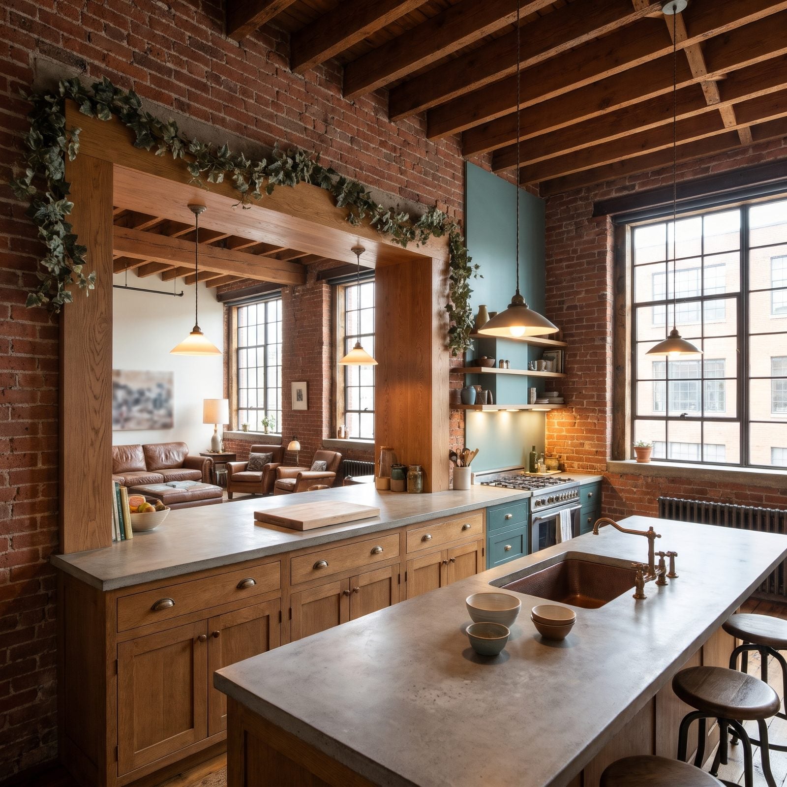 Faux Ivy Garland Trailing Along the Top of the Kitchen-to-Living Pass-Through