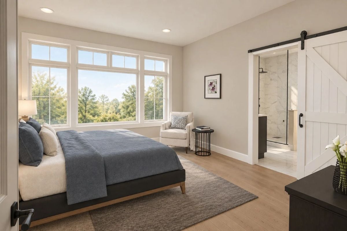 Barn Door, Blue Bedding, and a Bathroom You Can Actually See Into