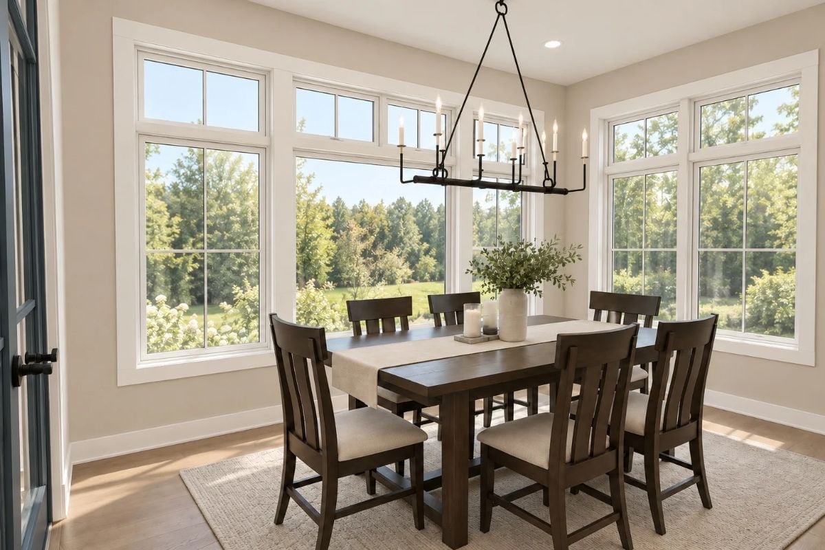 Candle-Style Chandelier, Dark Wood, and Windows on Three Sides