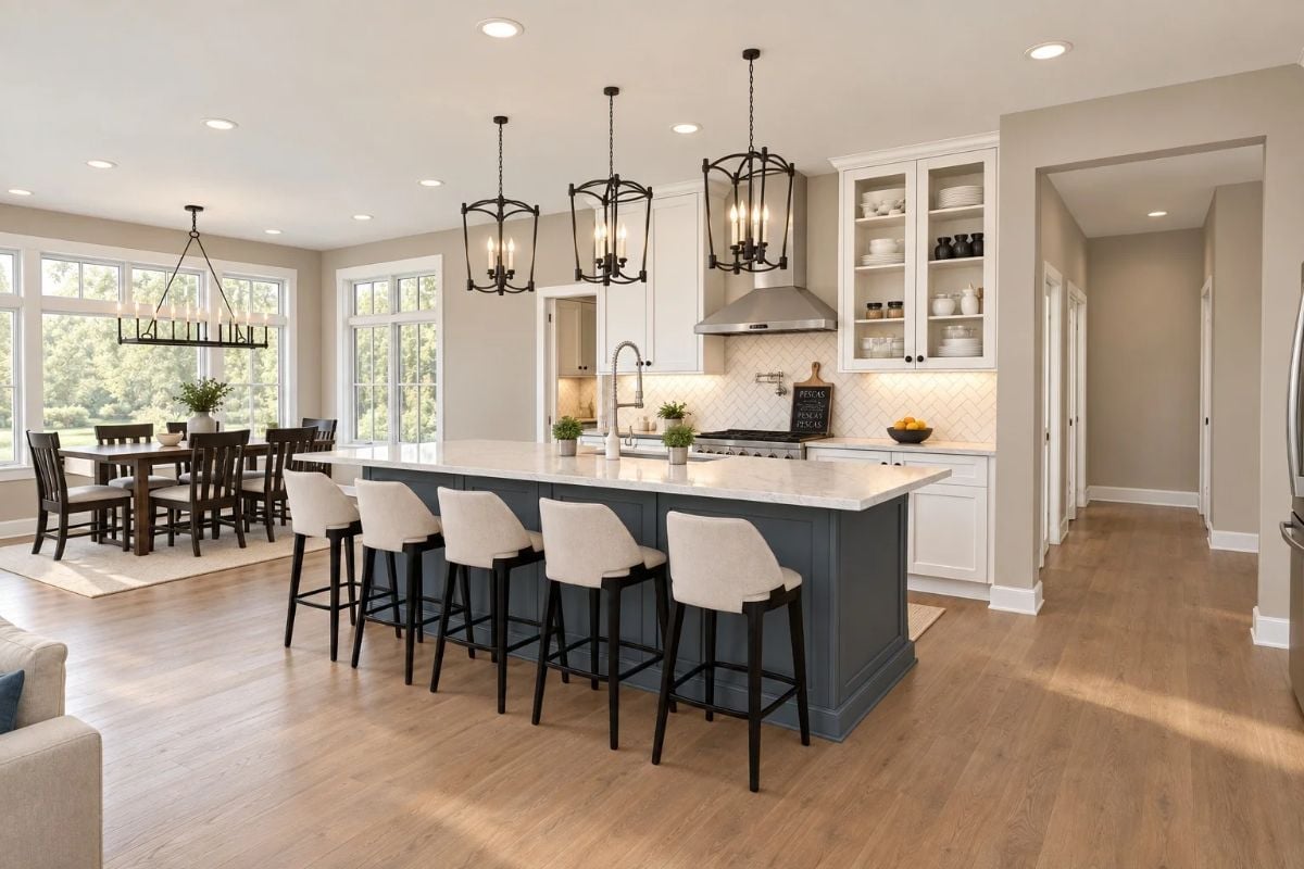 Dark Island, White Marble, Five Stools: Kitchen Math That Adds Up
