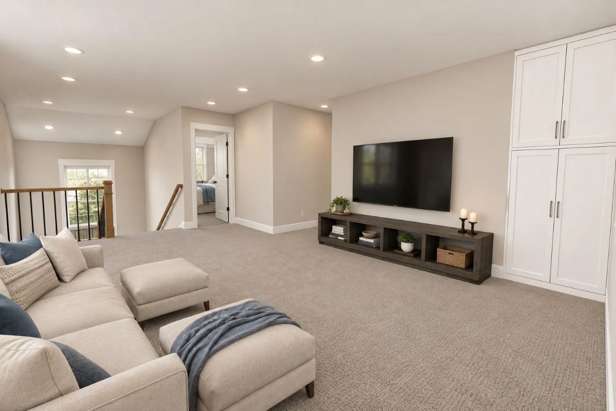 Loft Living Done Right: Open Layout, Built-Ins, and a TV Wall That Pulls It Together