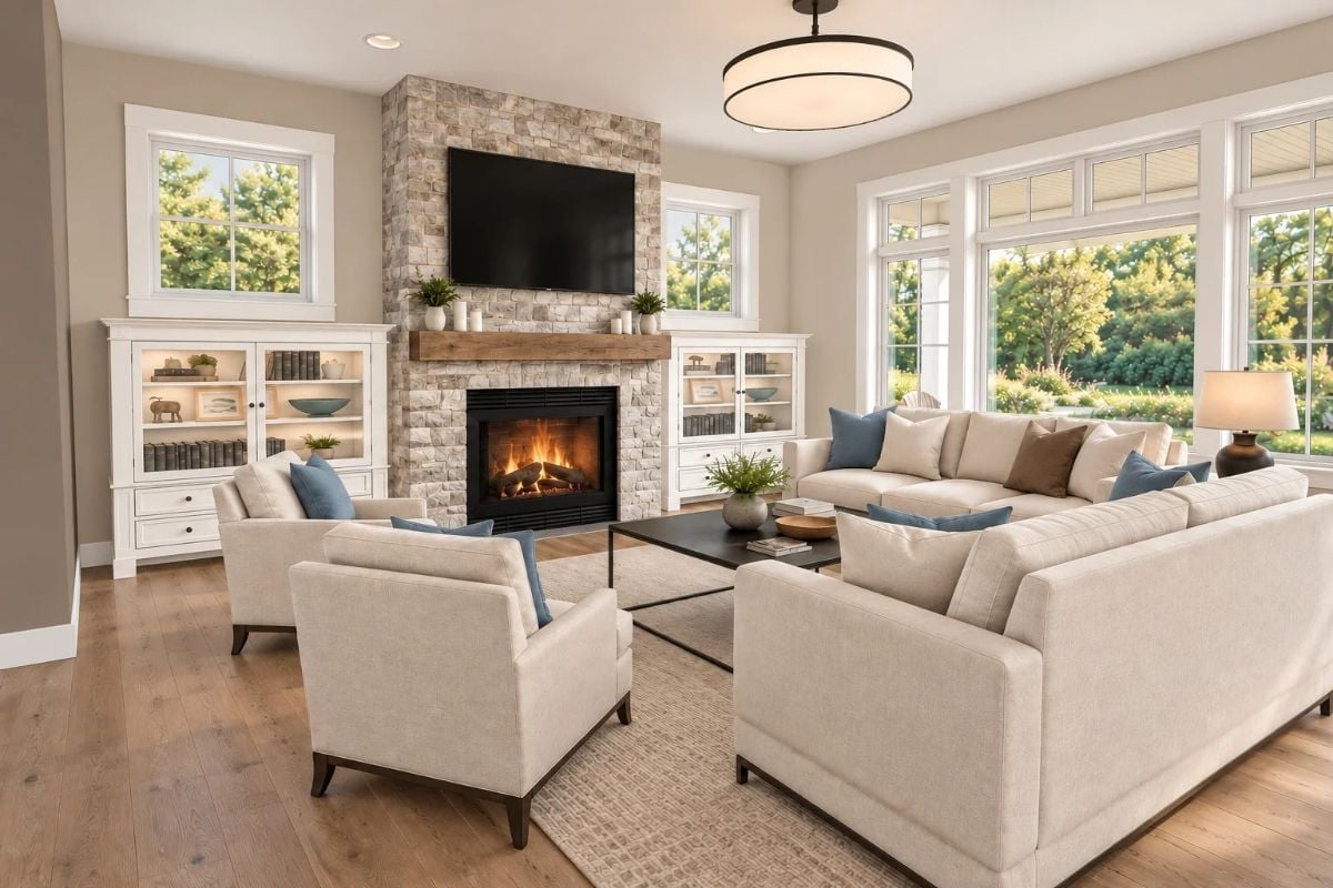Stone Fireplace, Blue Pillows, and a Seating Arrangement That Actually Works