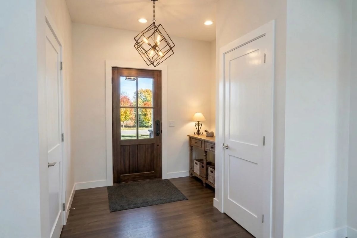 Dark Wood Door, Cage Pendant, and Fall Color Through the Glass