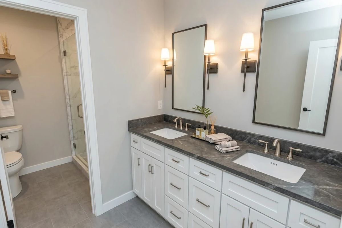 Double Vanity With Dark Stone and Sconce Lighting That Pulls Its Weight