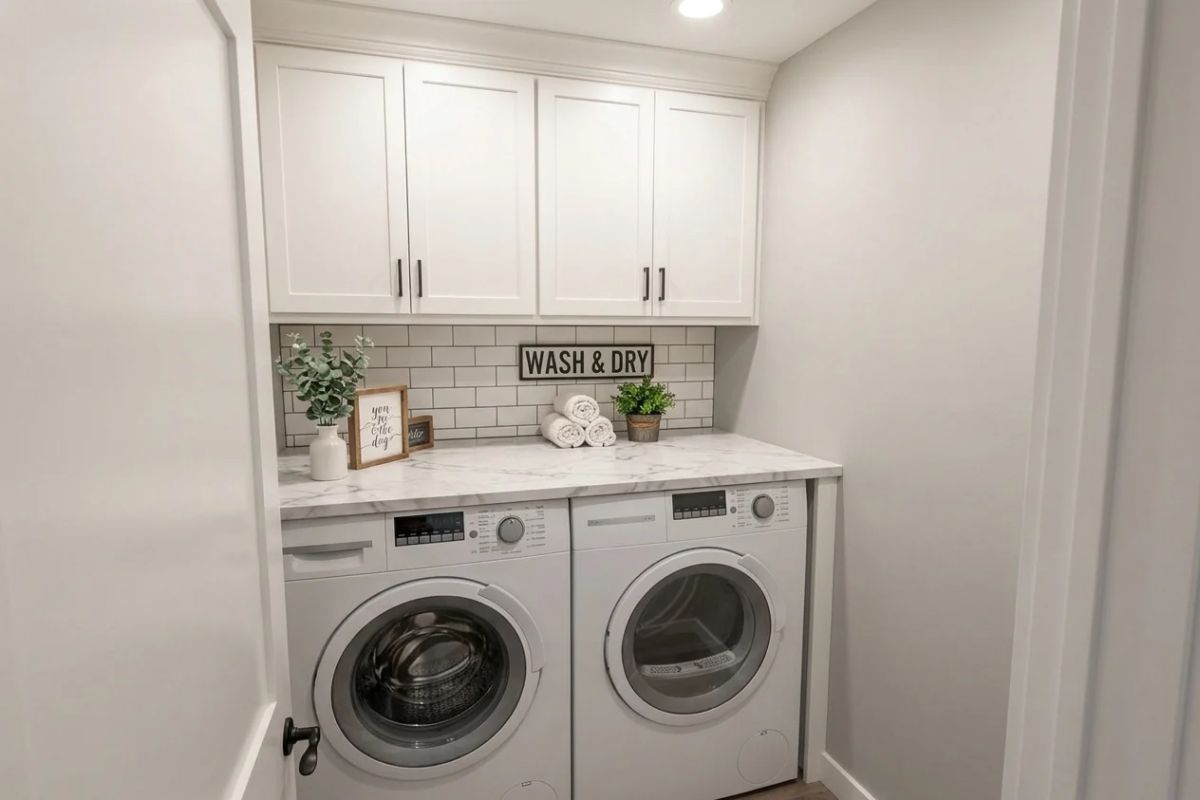 Marble Countertop, Subway Tile, and a "Wash & Dry" Sign That Earns Its Place