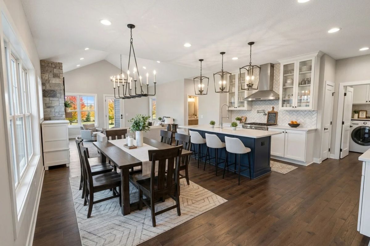 Navy Island, White Counters, and a Dining Table Built for Eight