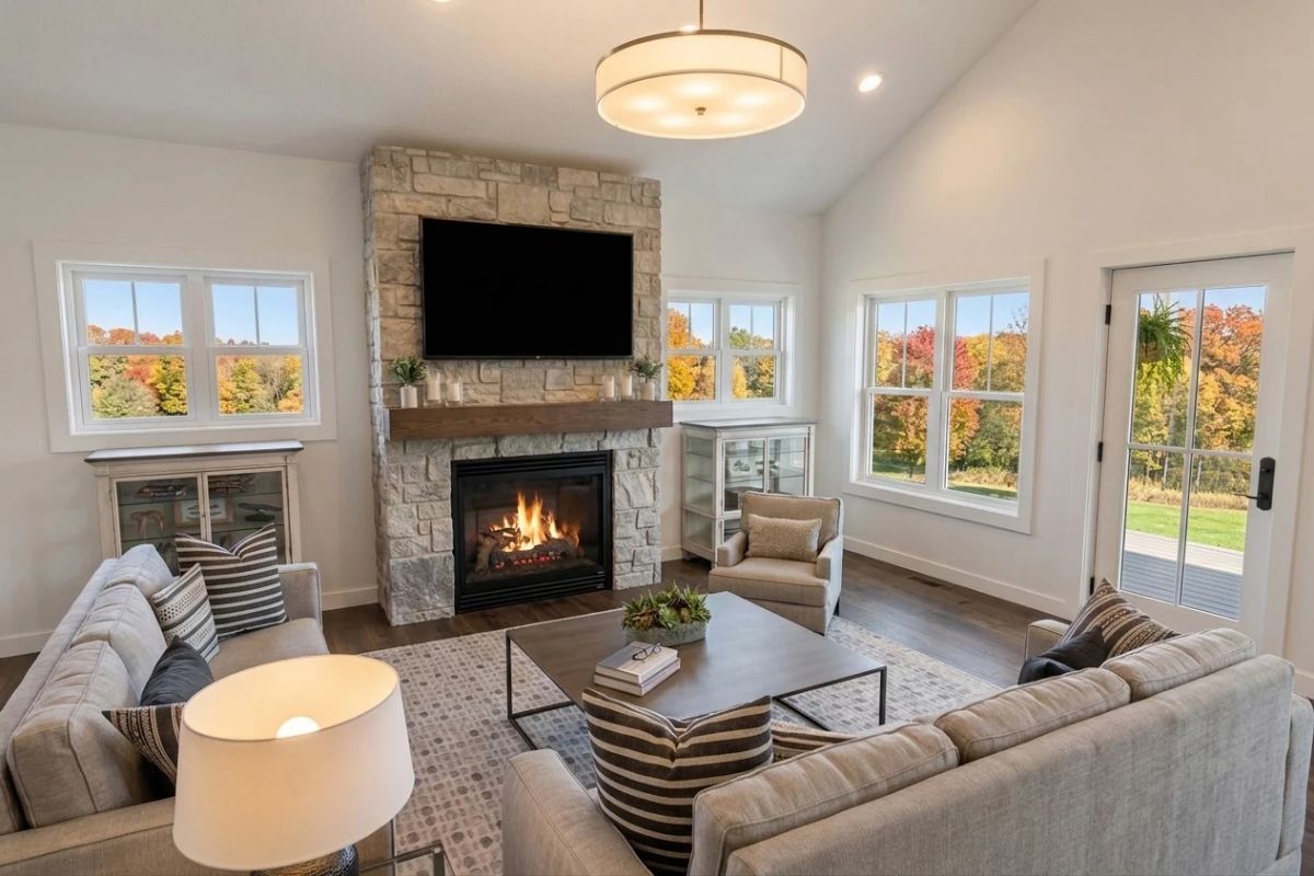 Stone Fireplace, Wood Mantel, and Fall Color Framed by Every Window