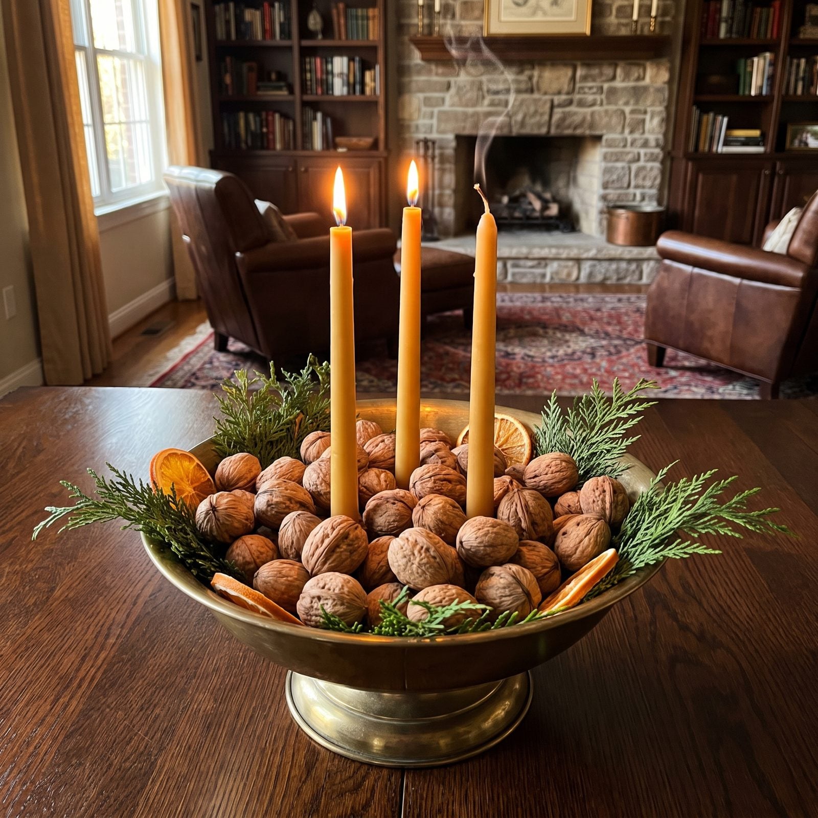 Fill a Bowl with Walnuts, Greenery, and Beeswax Candles