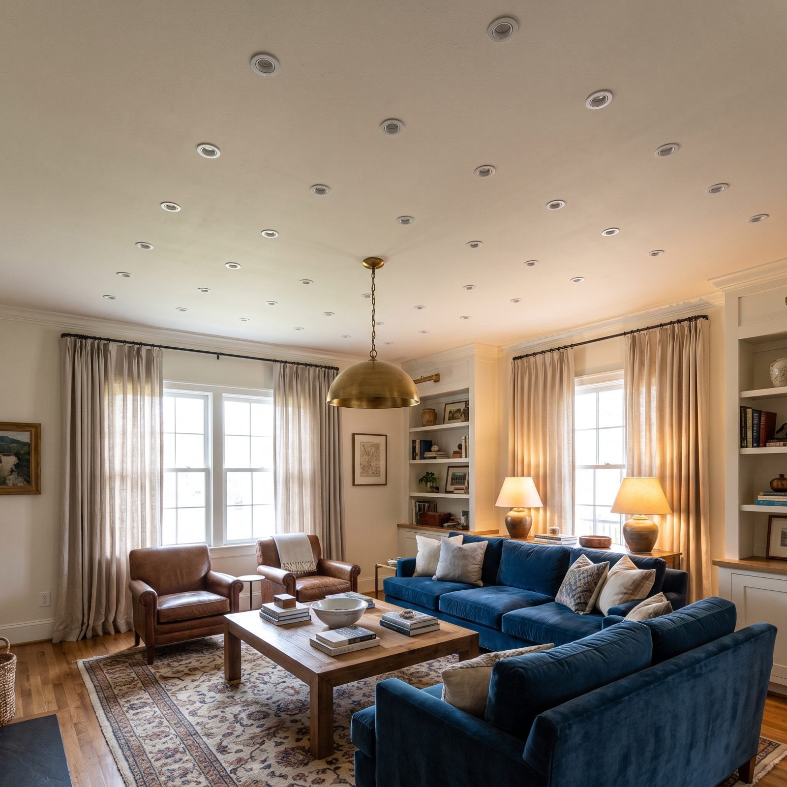 Open-plan living and kitchen with fourteen recessed can lights in a uniform grid across the ceiling.