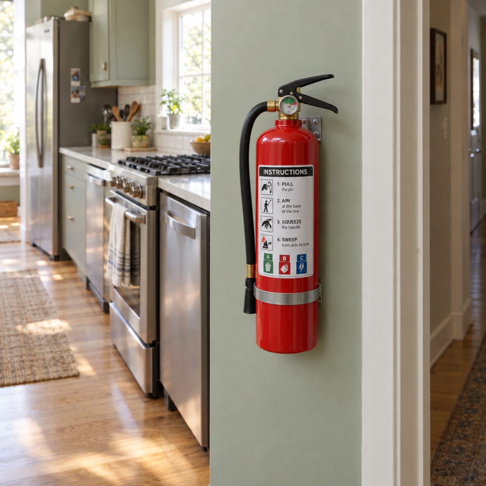 A Fire Extinguisher Mounted Near the Kitchen Exit, Not the Stove