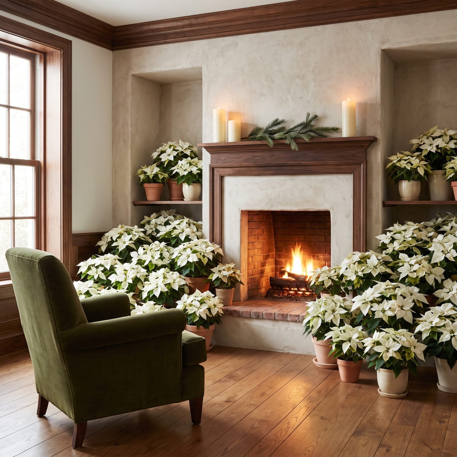 A Fireplace Alcove Banked With Poinsettias in One Color