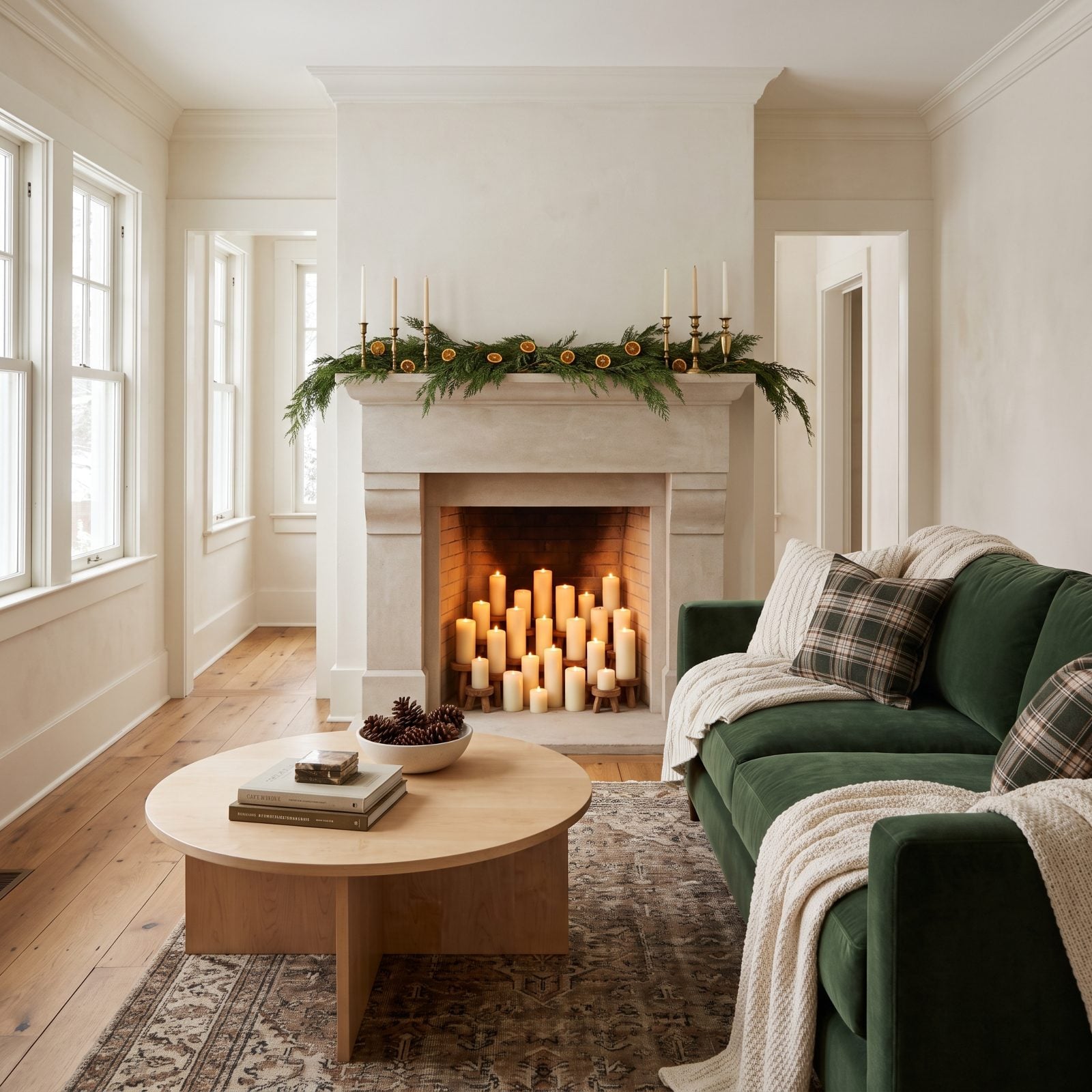 A Fireplace Filled With Tiered Pillar Candles