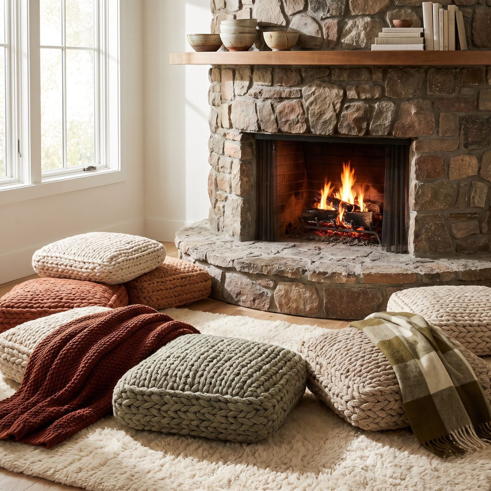 A Fireplace Hearth Ringed by Braided Floor Cushions