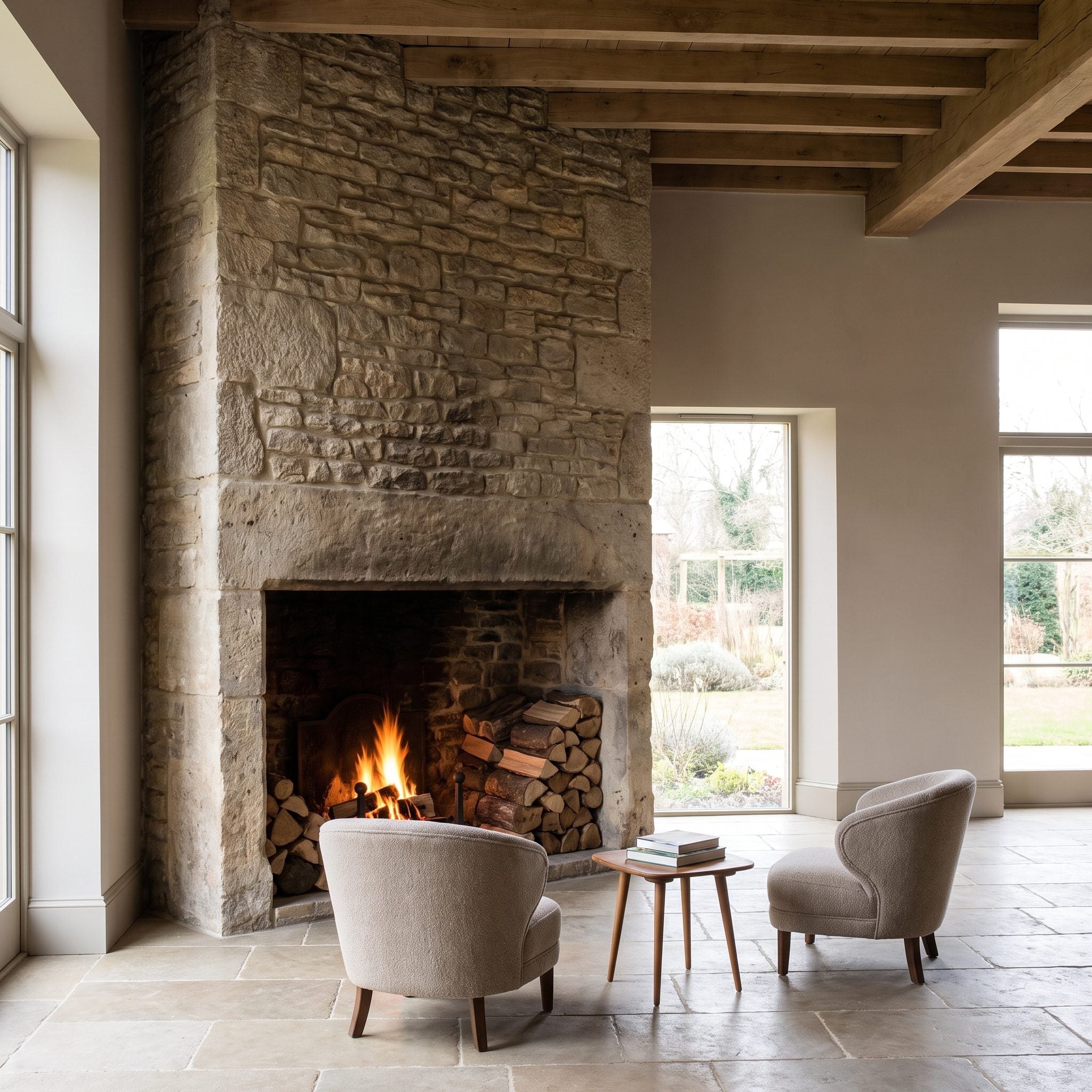 Beige sofa and two chairs facing a tall stone fireplace on a small rug, with two small-shaded lamps on either side.