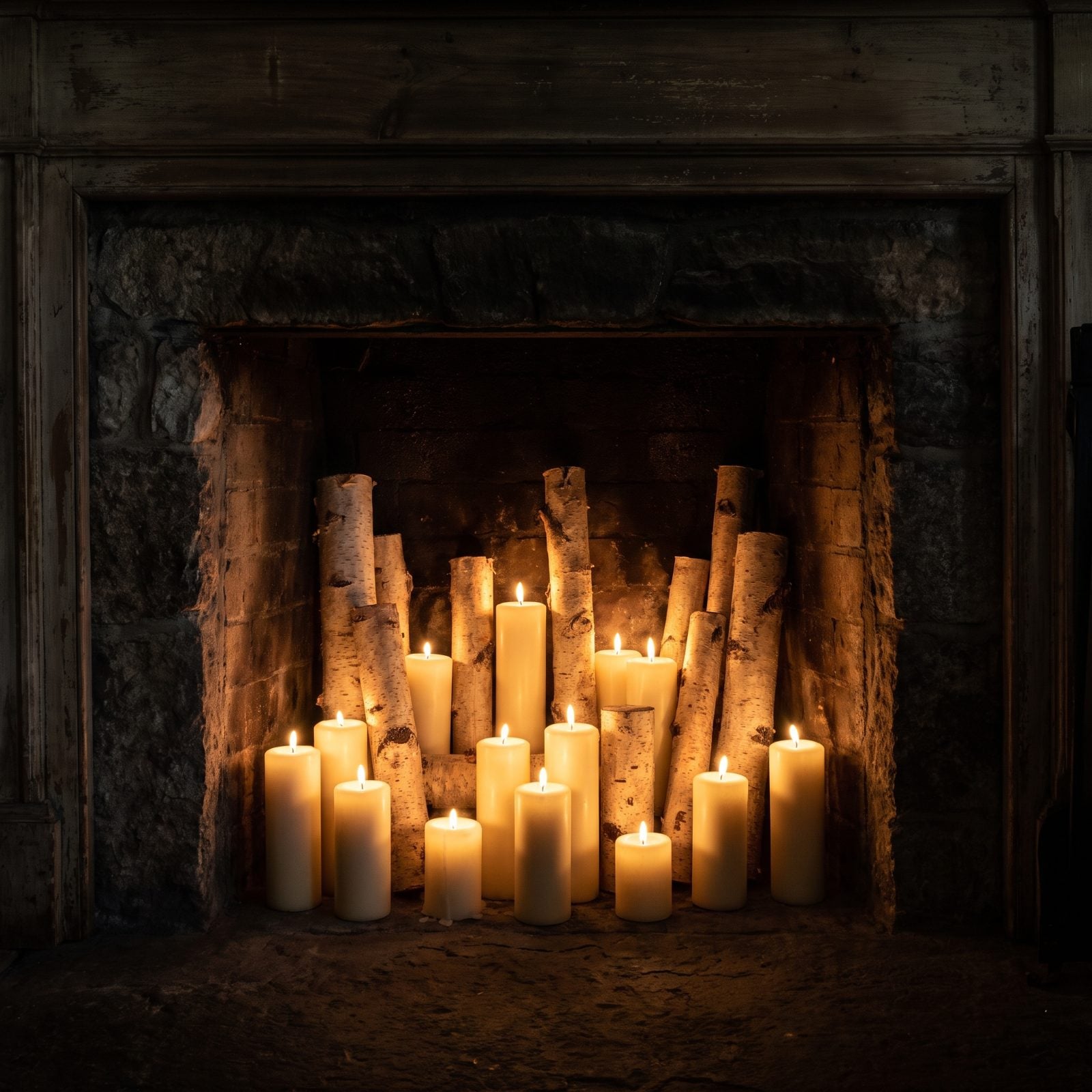 A Fireplace Opening Packed With Pillar Candles and Birch Logs