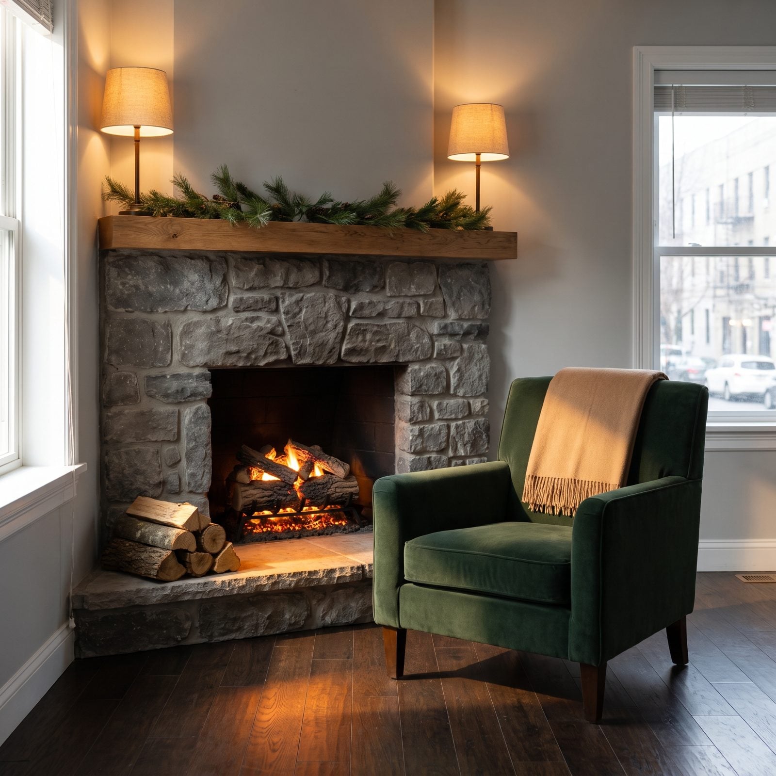 A Fireplace Room with Glowing Logs Even When No Fire Is Burning