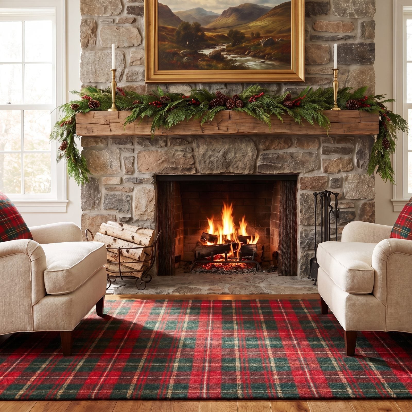 A Fireplace Seating Area Grounded by a Tartan Wool Rug
