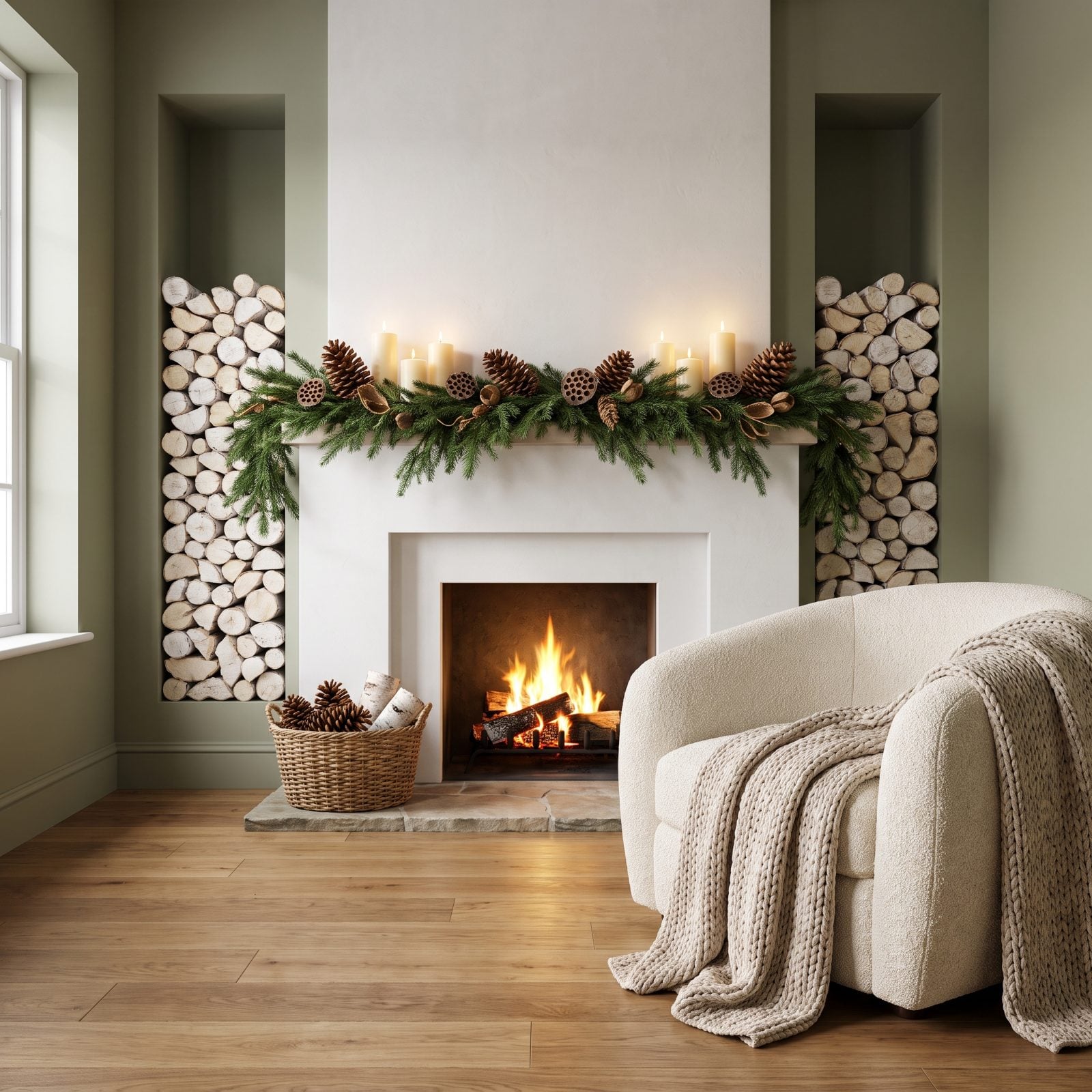 A Fireplace Surrounded by Stacked Birch Logs and Pinecones