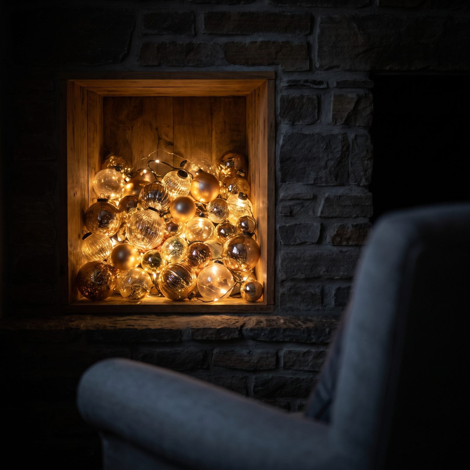 The Fireplace Wood Niche, Glowing With Ornaments Instead of Logs