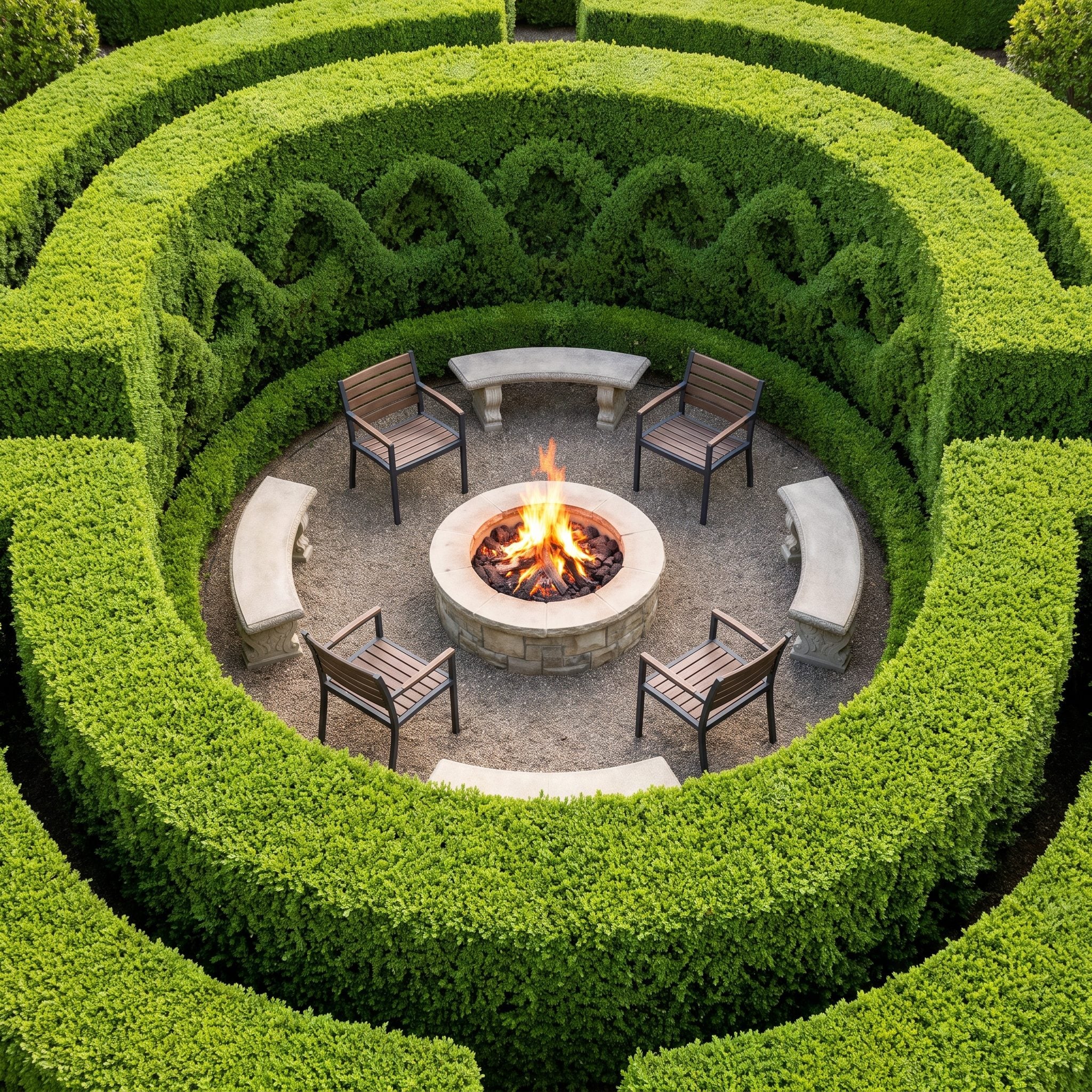 Oval gravel fireside terrace enclosed by a clipped evergreen hedge with two opposing openings, curved taupe seating and a round fire table