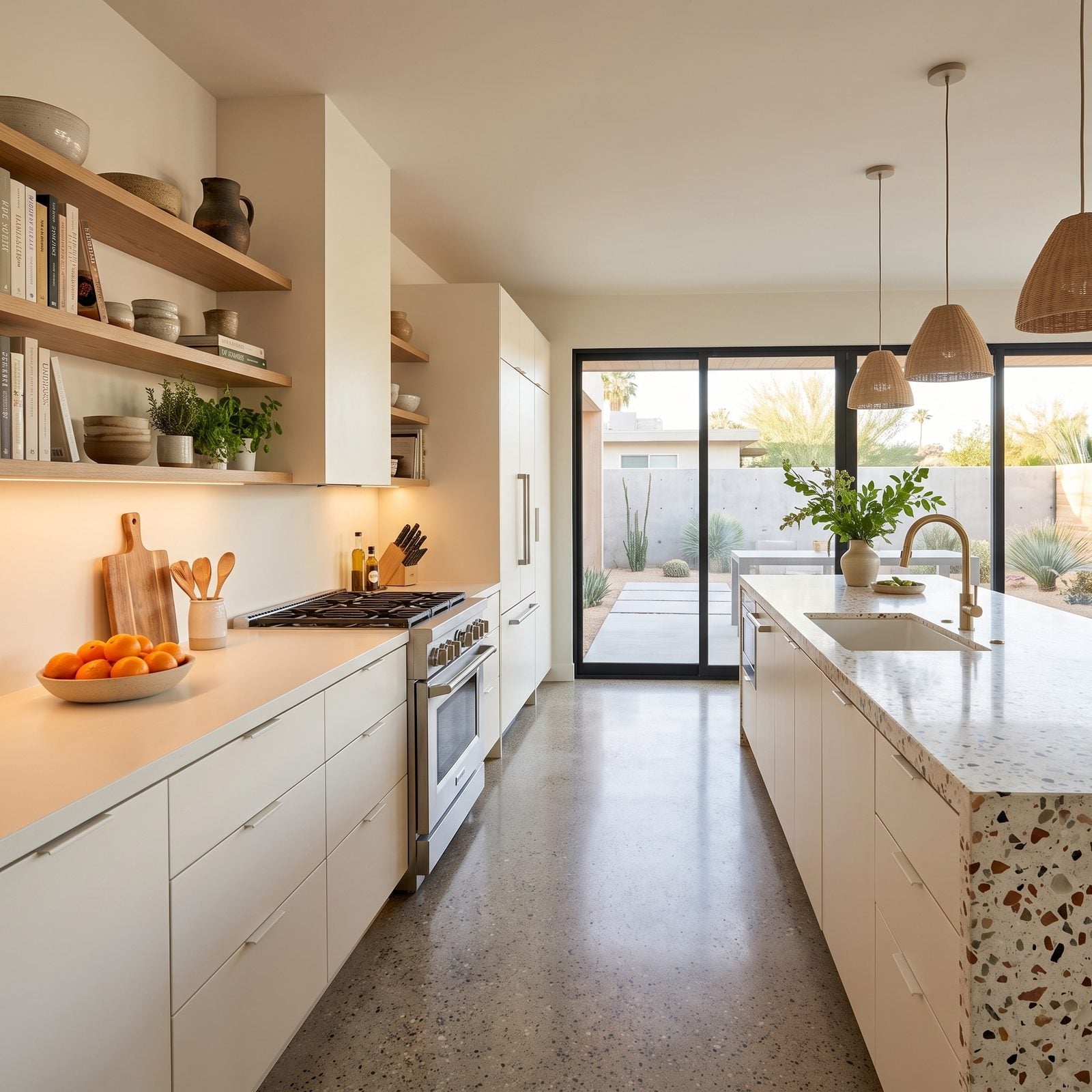 Kitchen with flat-panel slab cabinet doors: Matte warm-white slab doors with terrazzo counters and white oak shelving.