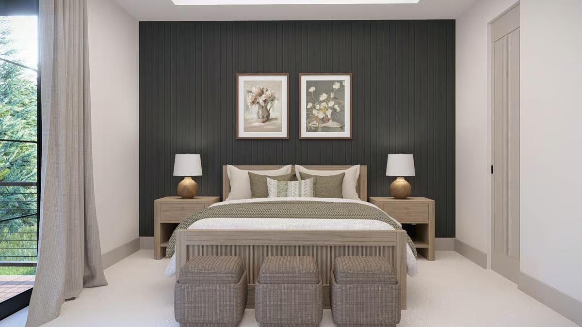 Dark Shiplap, Gold Lamp Bases, and Ottomans That Earn Their Place at the Foot of the Bed