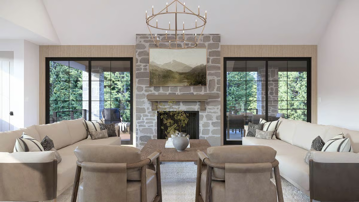 Fieldstone, Firelight, and Two Sofas Facing Each Other Like Old Friends