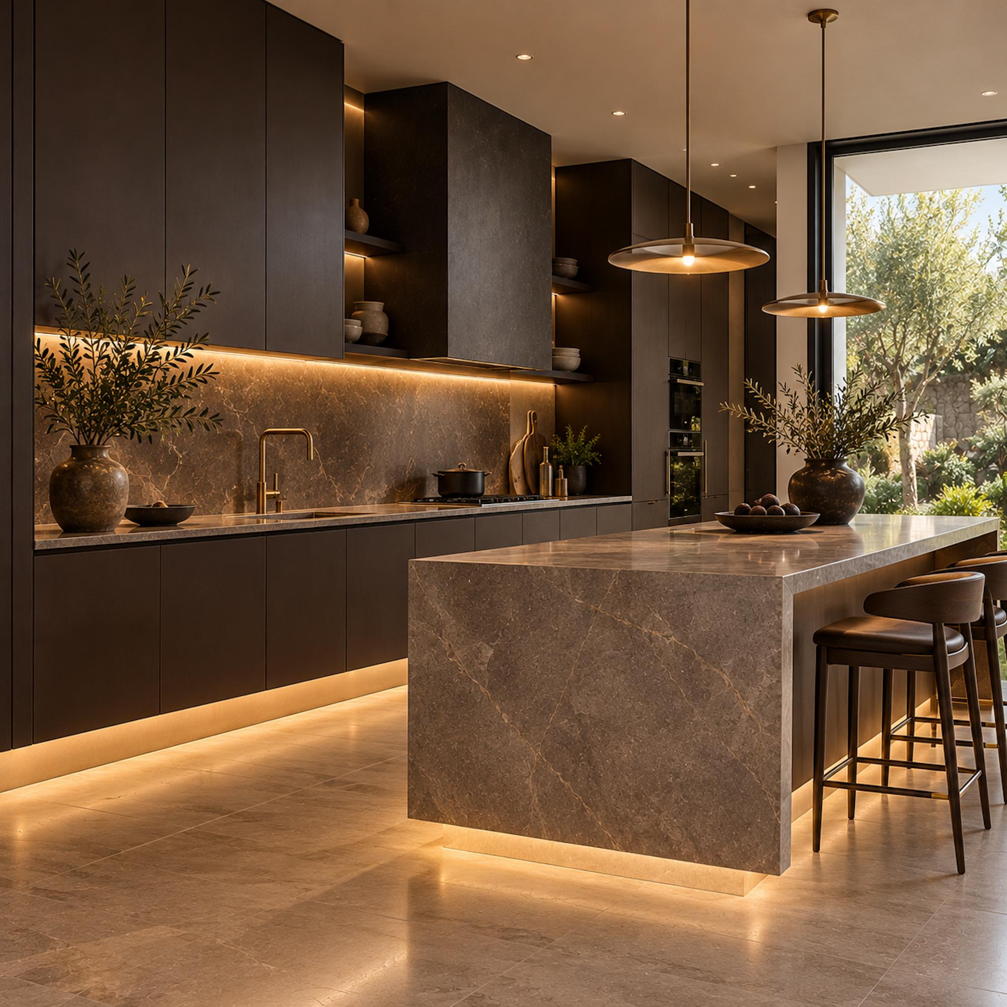 Contemporary dark taupe kitchen with recessed illuminated cabinet bases, a floating-effect stone island, brass pendant lights, and pale limestone flooring