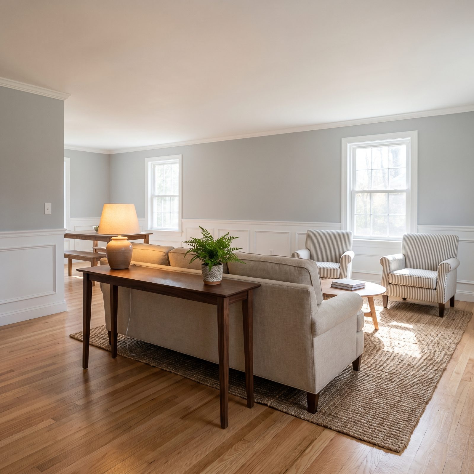 Open-plan living room with a tan sofa floating in the center, a console table behind it and two armchairs facing it.