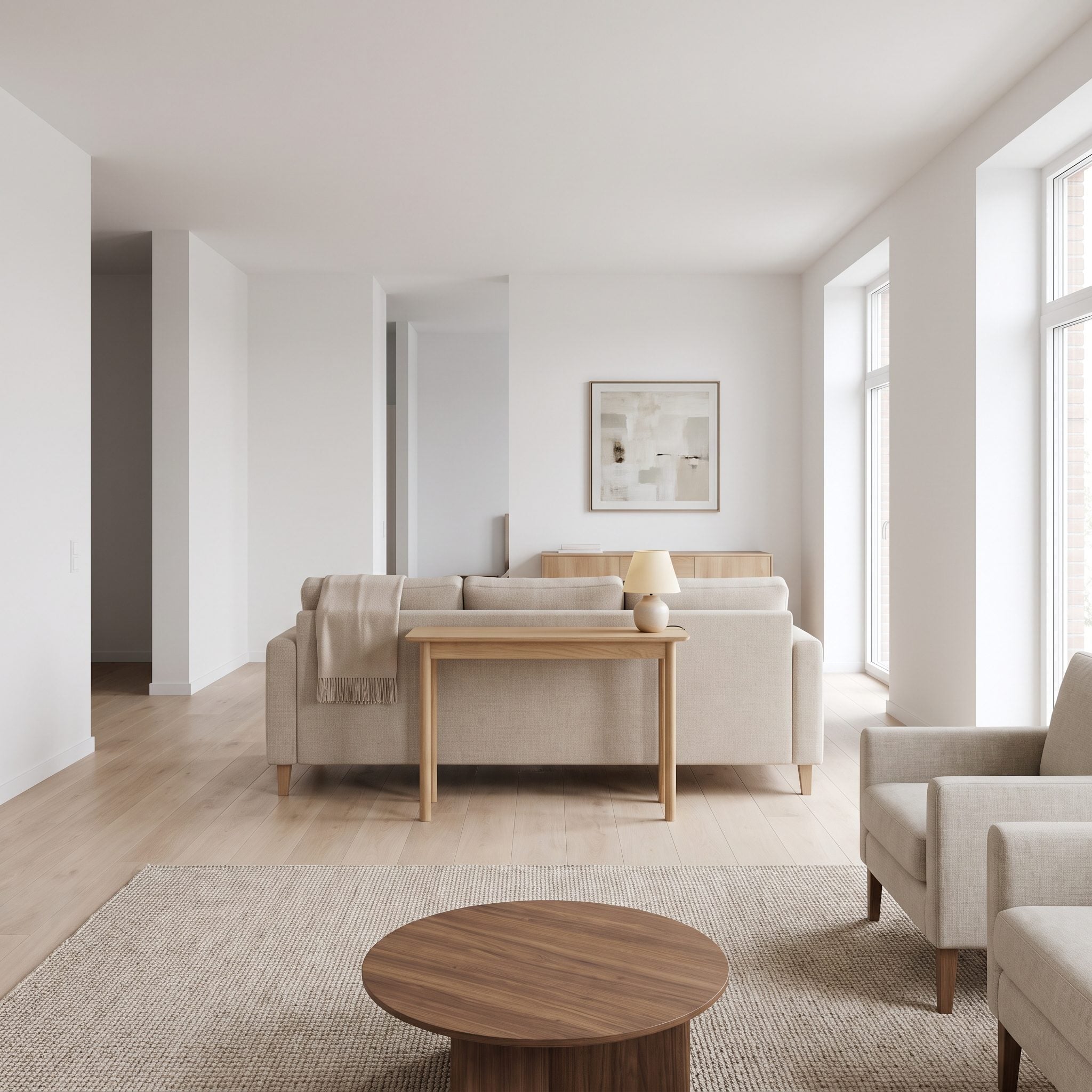 Open-plan living room with a freestanding oatmeal sofa backed by a short console and one small lamp.