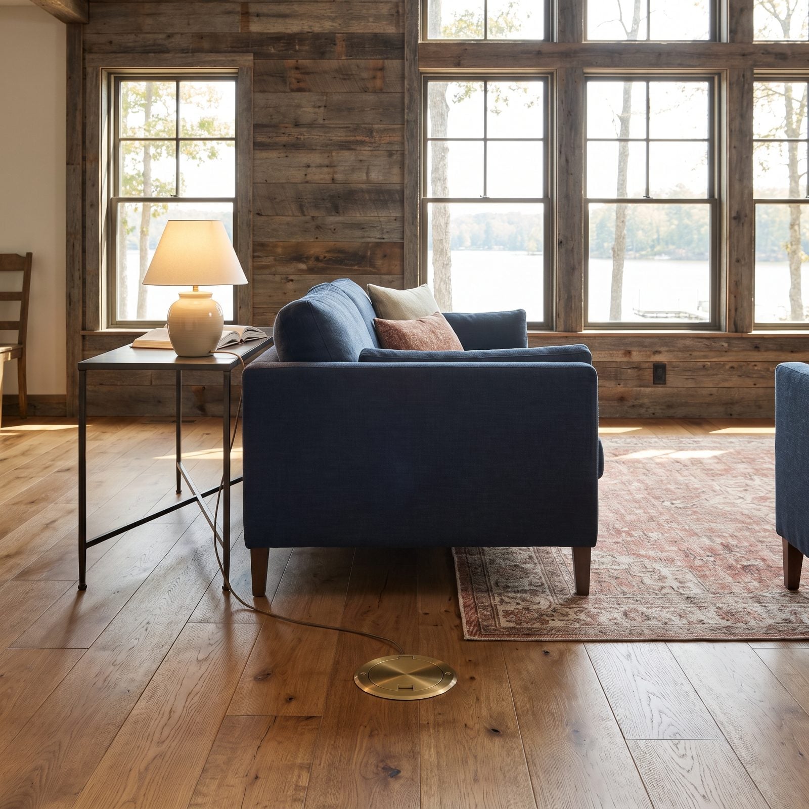 A Floor Outlet Positioned Beneath a Floating Sofa