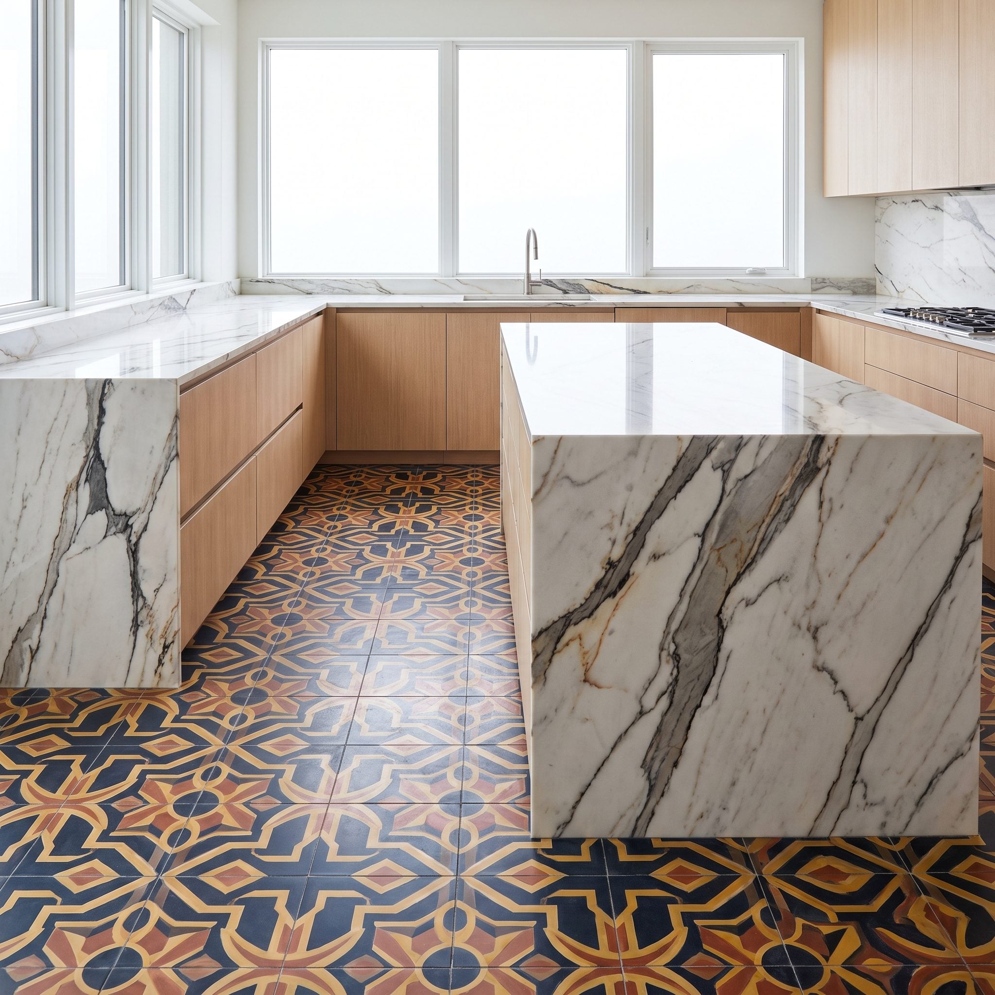 Burgundy kitchen renovation with richly veined quartzite counters and large pale mauve-gray porcelain floor tiles