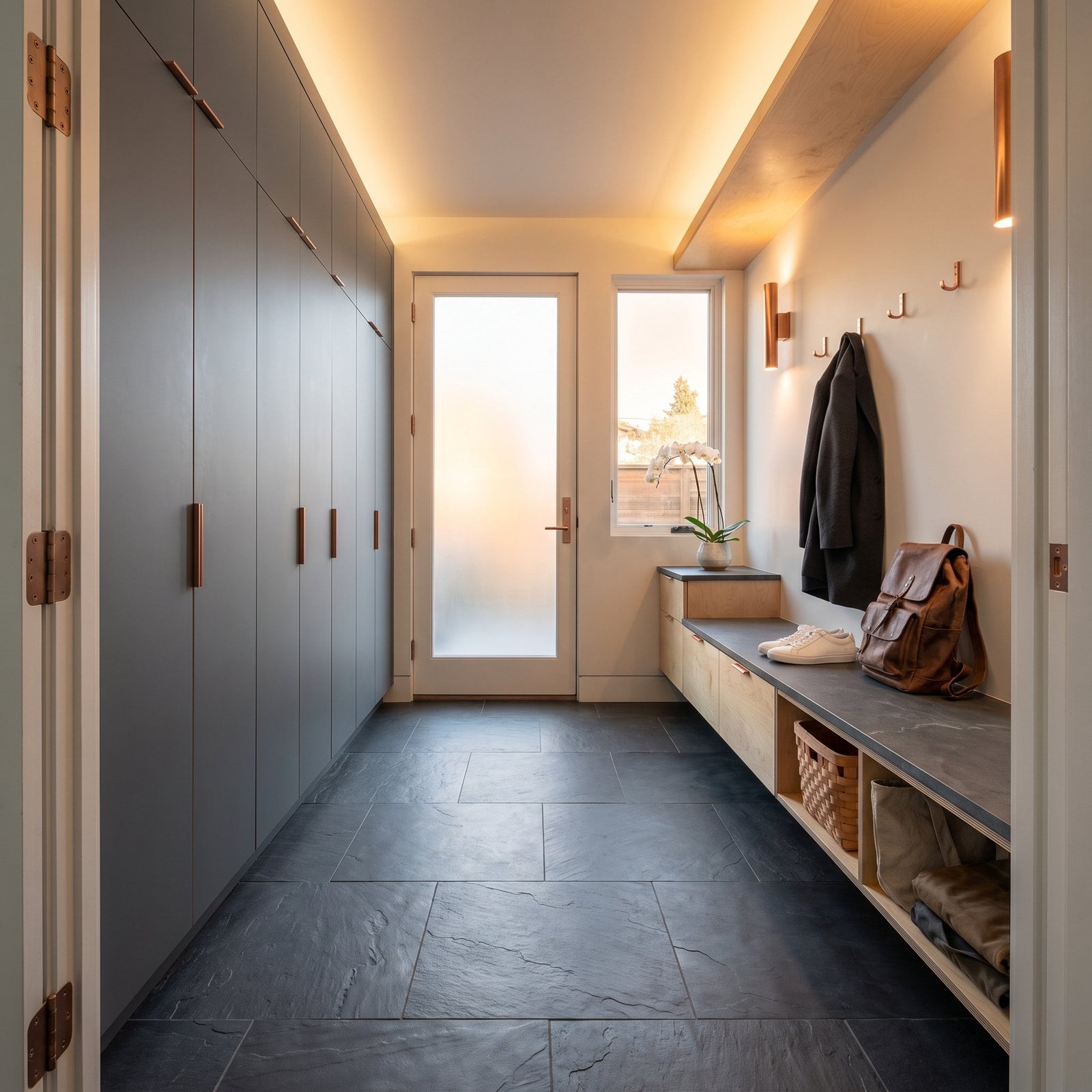 Floor-to-Ceiling Lockers in Slate Grey, With Copper Edge Pulls