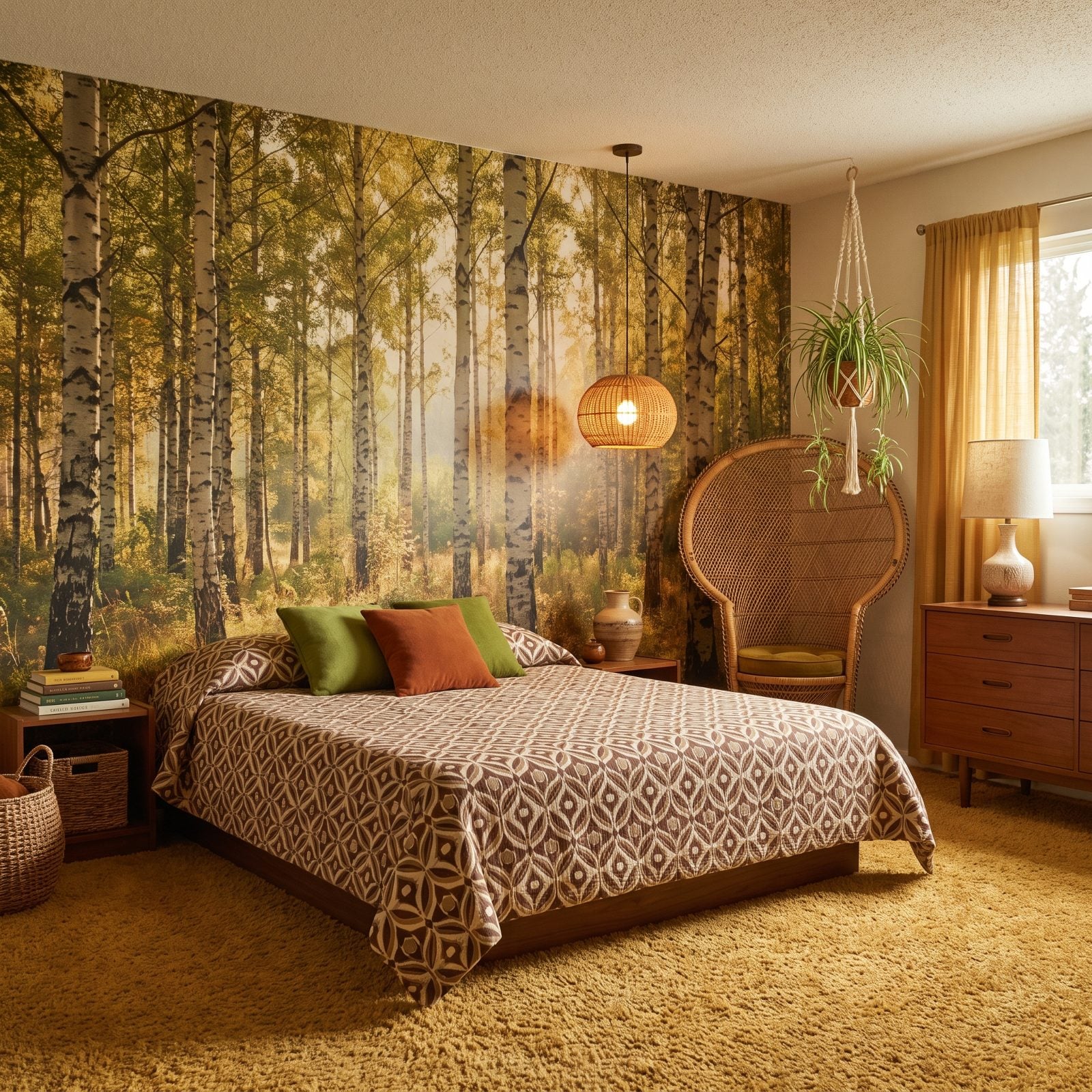 The Floor-to-Ceiling Photographic Forest Mural Behind the Bed