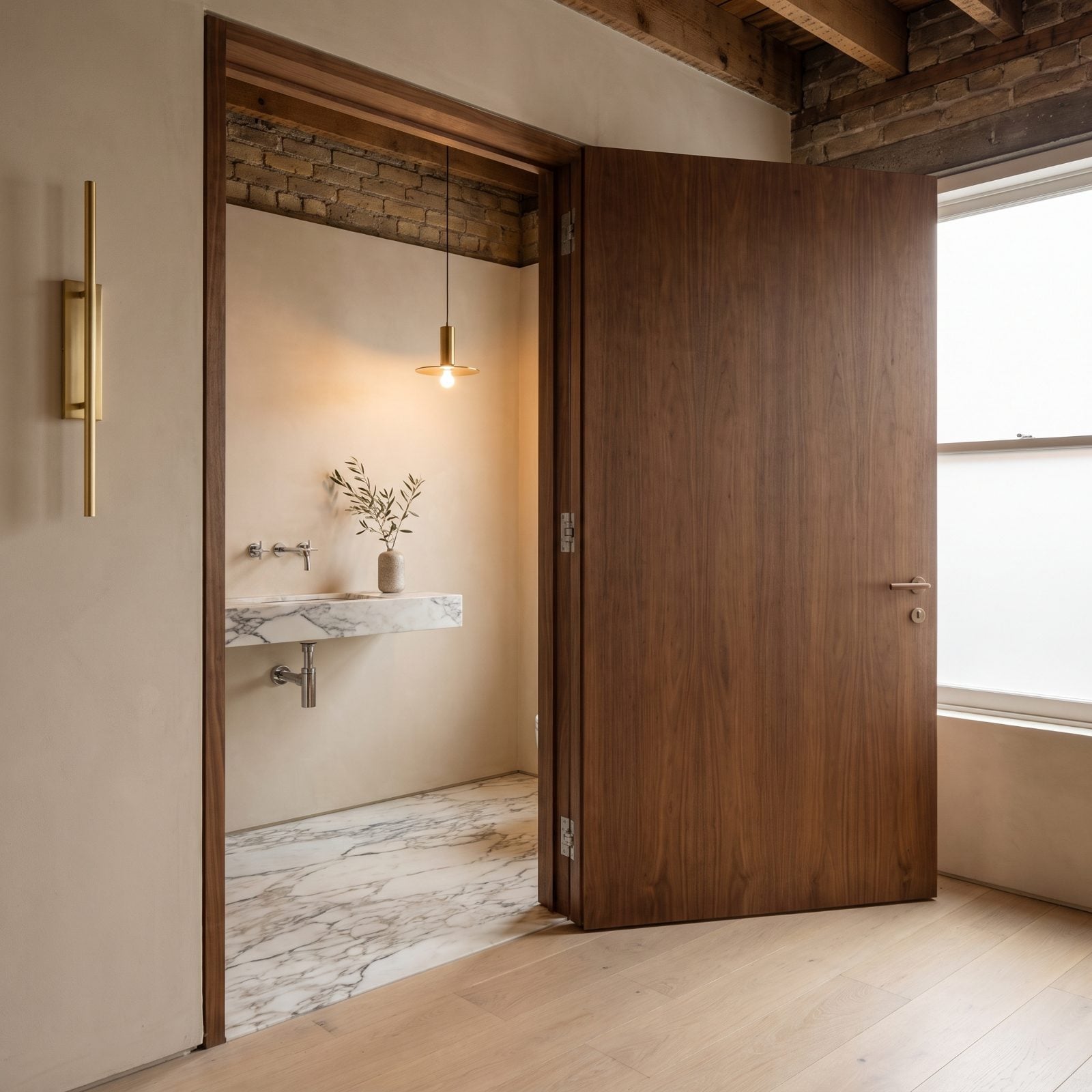 Floor-to-Ceiling Walnut Pivot Door Over a Marble Threshold
