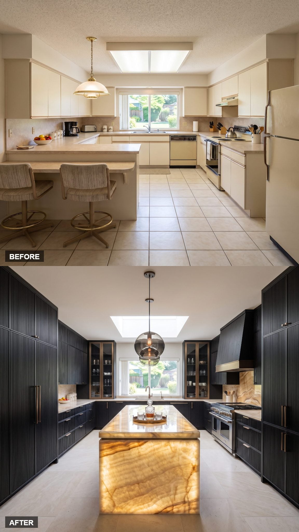 Fluted black oak kitchen with an illuminated honey onyx island