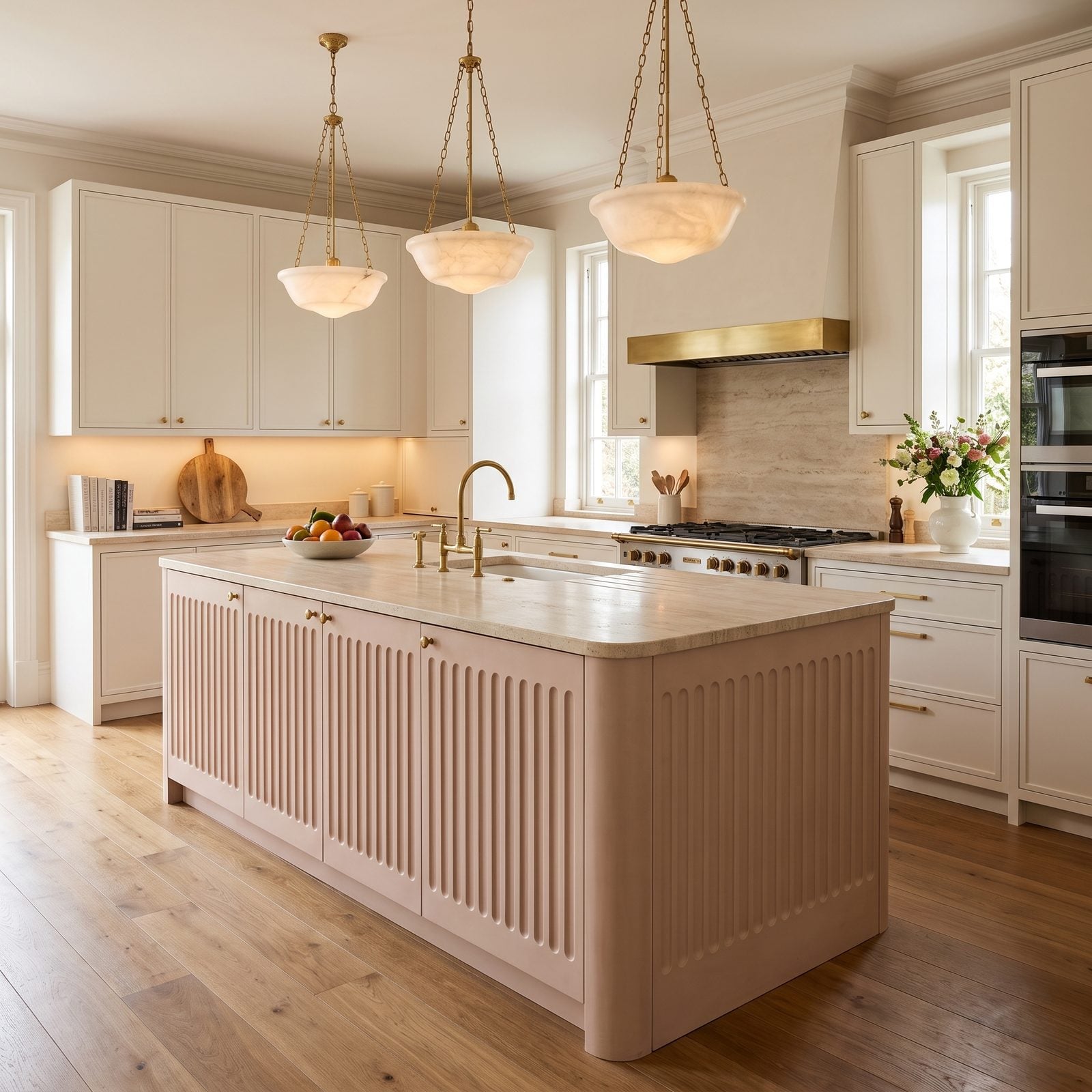Kitchen with fluted cabinet doors: A fluted clay-pink island with plain warm-white perimeter cabinets and alabaster pendants.